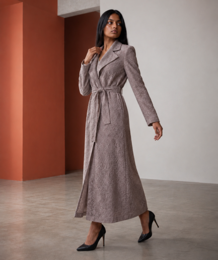 Sand Floral jacquard abaya with belt