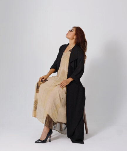 Black floral jacquard abaya with belt