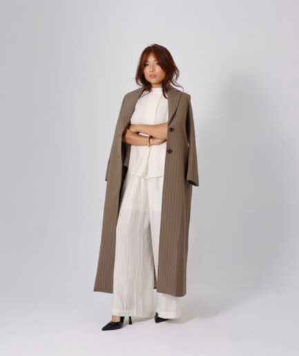 Taupe brown pinstripe longline blazer