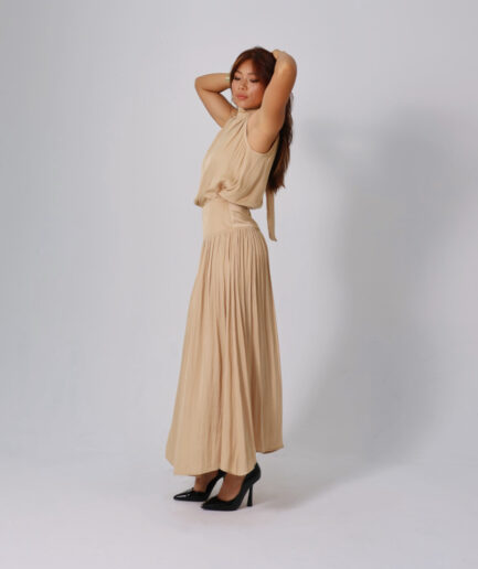 Beige silk tied top and skirt